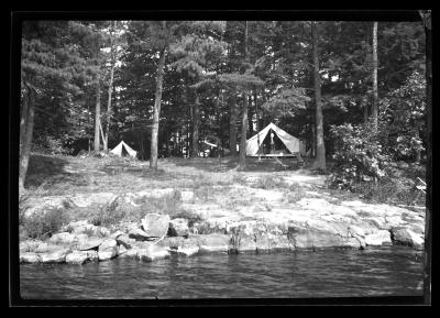 Camp on Juanita Island, Lake George Showing Tent Platforms and Campers