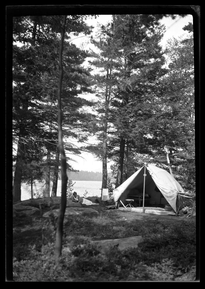 Camping on Commission Island, Lake George August 1918, Clinton G. Abbott and W.S. Carpenter, Jr., Mr. &amp; Mrs. McLean; Sara McLean, Mr. &amp; Mrs. Abbott