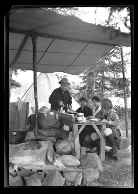 Camping on Commission Island, Lake George August 1918, Clinton G. Abbott and W.S. Carpenter, Jr., Mr. &amp; Mrs. McLean; Sara McLean, Mr. &amp; Mrs. Abbott