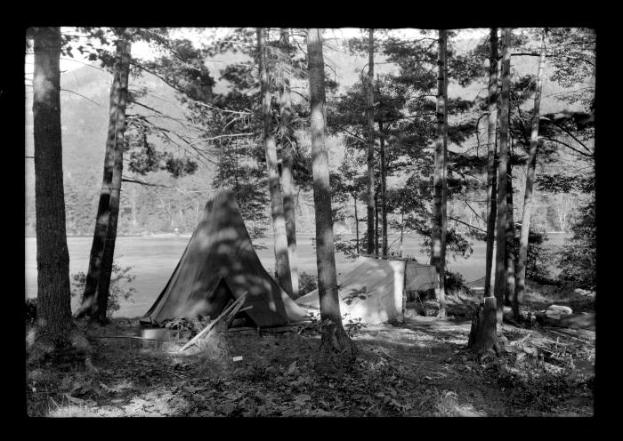 Camping on Commission Island, Lake George August 1918, Clinton G. Abbott and W.S. Carpenter, Jr., Mr. &amp; Mrs. McLean; Sara McLean, Mr. &amp; Mrs. Abbott