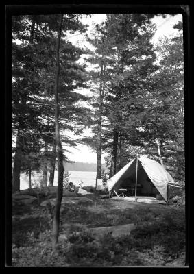 Camping on Commission Island, Lake George August 1918, Clinton G. Abbott and W.S. Carpenter, Jr., Mr. &amp; Mrs. McLean; Sara McLean, Mr. &amp; Mrs. Abbott