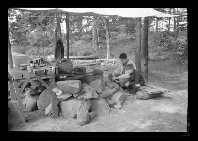 Camping on Commission Island, Lake George August 1918, Clinton G. Abbott and W.S. Carpenter, Jr., Mr. &amp; Mrs. McLean; Sara McLean, Mr. &amp; Mrs. Abbott