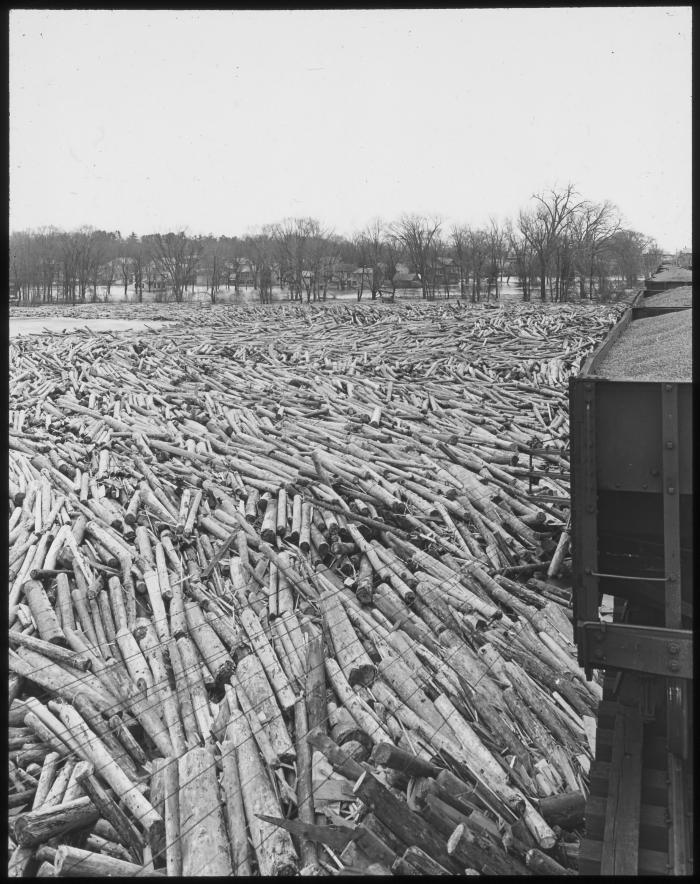 Log Jam; D & H R.R. Bridge Weighted Down with Loaded Coal Cars to Prevent Destruction