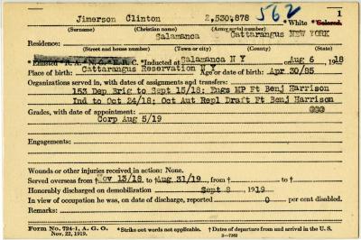 World War I military service abstract for Clinton Jimerson, Army service number 2530878