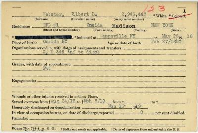 World War I military service abstract for Gilbert L. Webster, Army service number 2943447