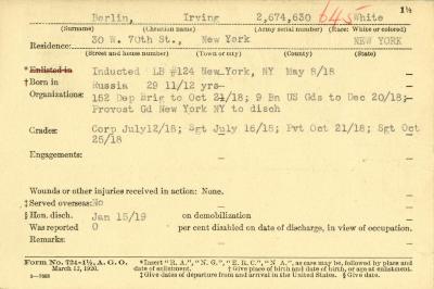 World War I military service abstract for Irving Berlin, Army service number 2674630