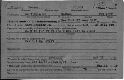 World War I military service abstract for Horace Pippin, Army service number 03722930 Service Record