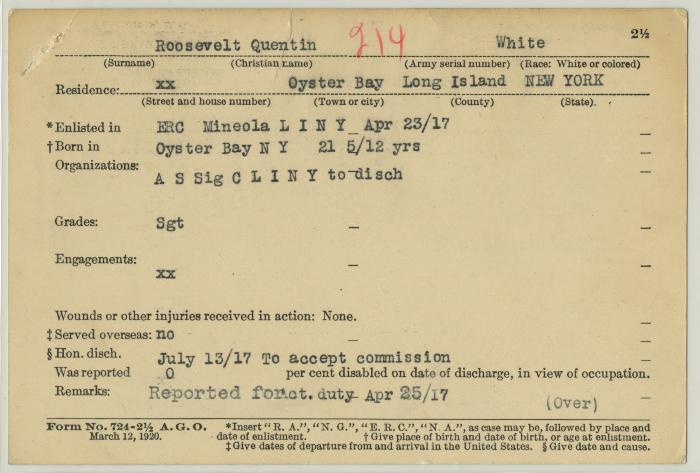 World War I military service abstract for Quentin Roosevelt, Army Officer