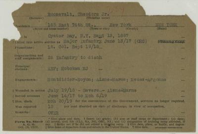 World War I military service abstract for Theodore Roosevelt, Jr., Army Officer