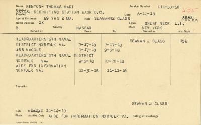 World War I military service abstract for Thomas Hart Benton, Navy service number 111 50 50