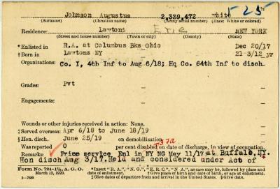 World War I military service abstract for Augustus Johnson, Army service number 2339472