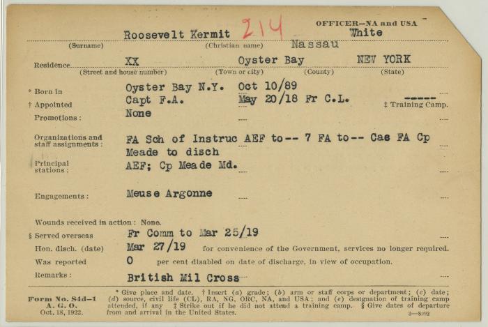 World War I military service abstract for Kermit Roosevelt, Army Officer