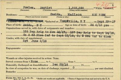 World War I military service abstract for Baptist Powles, Army service number 1923080