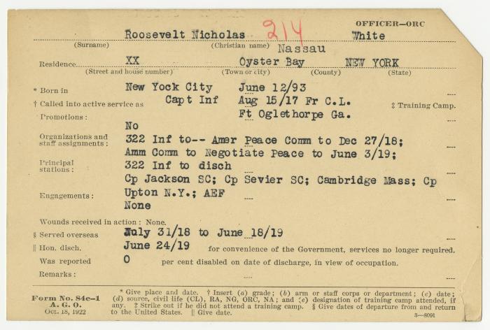 World War I military service abstract for Nicholas Roosevelt, Army Officer