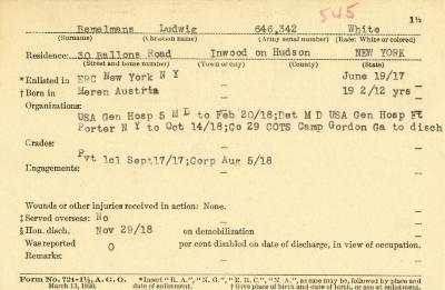 World War I military service abstract for Ludwig Bemelmans, Army service number 646342