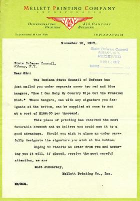 Mellett Printing Company Letter to the State Defense Council