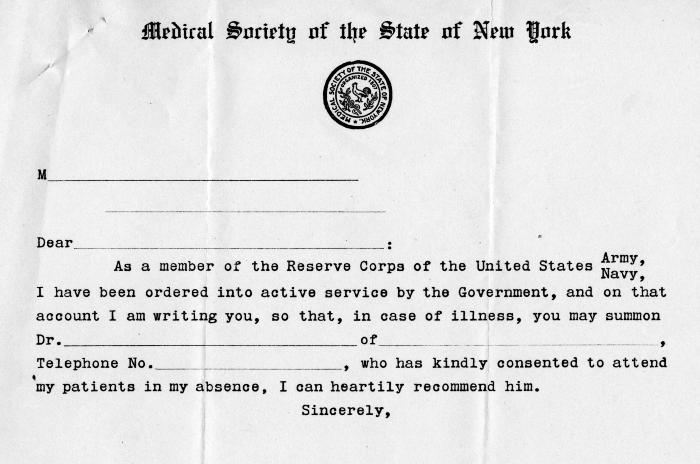Medical Society of the State of New York Form for Enlisted Physicians