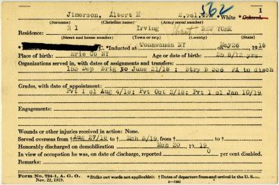  World War I military service abstract for Albert Jimerson, Army service number 2961492