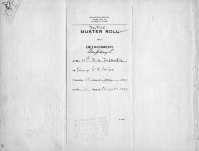 15th Regiment: Initial Muster Roll of Detachment of Company E, Camp Whitman, New York,  July 15 - August 2, 1917, pp. 1-4.