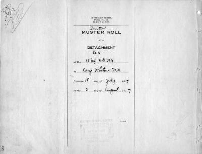 15th Regiment: Initial Muster Roll of Detachment of Company H, Camp Whitman, New York,  July 15 - August 2, 1917, pp. 1-4.