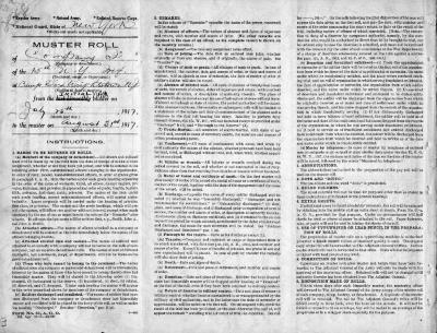 15th Regiment: Muster Roll of Company I, Camp Dix, Wrightstown, New Jersey,  July 25 - August 31, 1917, pp. 1-8.