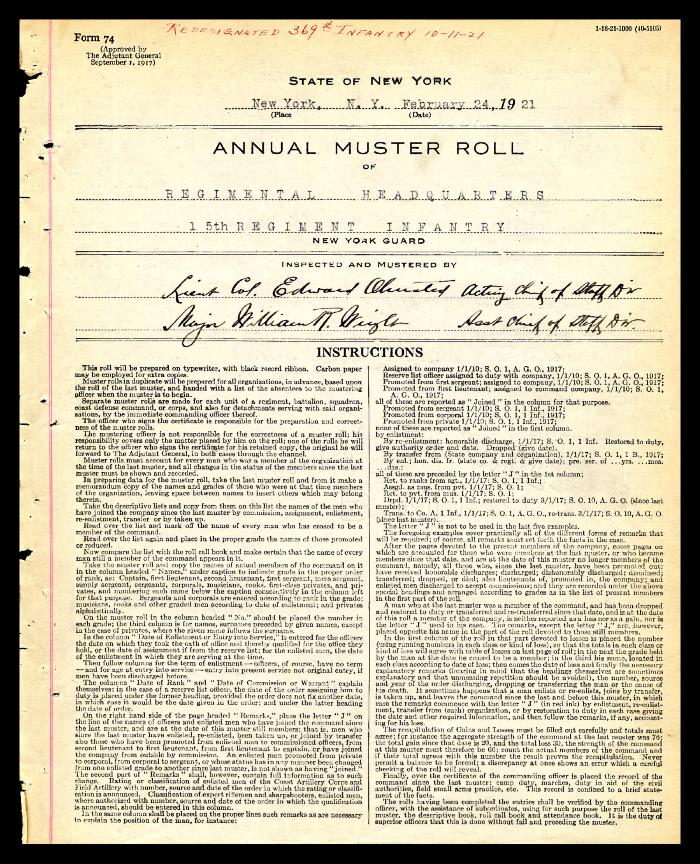 Annual muster roll of regimental headquarters, 15th Regiment Infantry