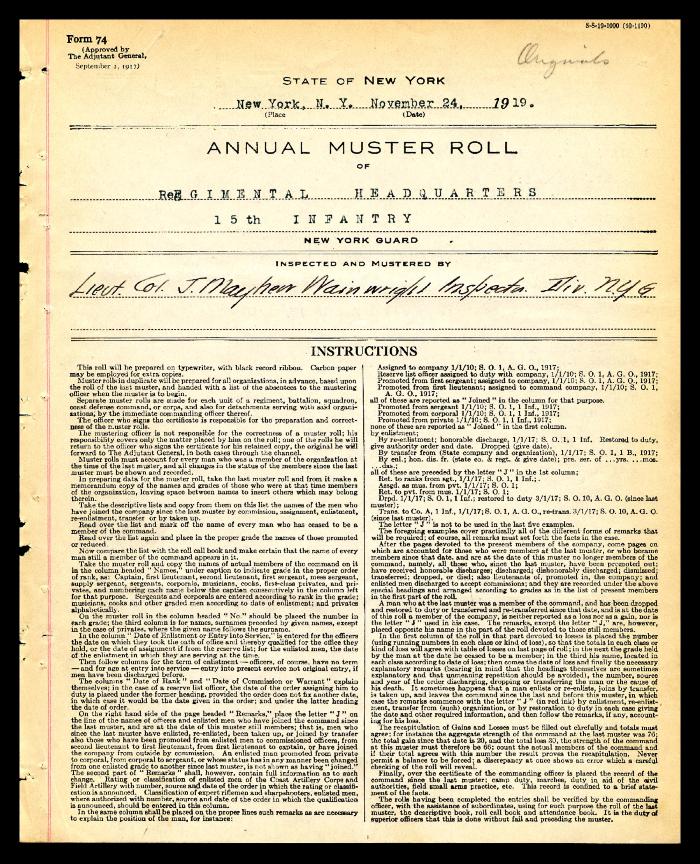 Annual muster roll of regimental headquarters, 15th Battalion Infantry