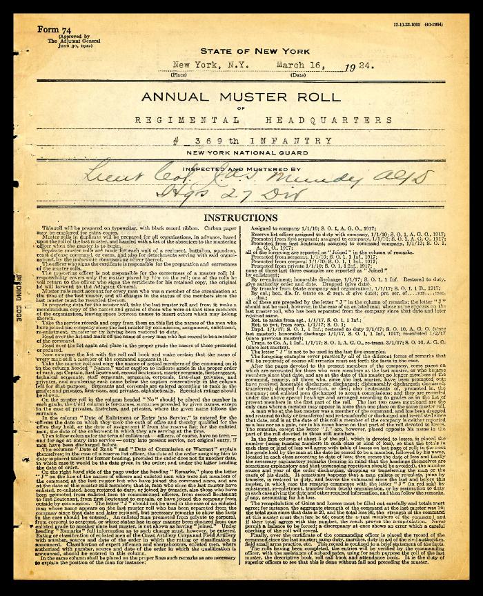 Annual muster roll of regimental headquarters, 369th Infantry