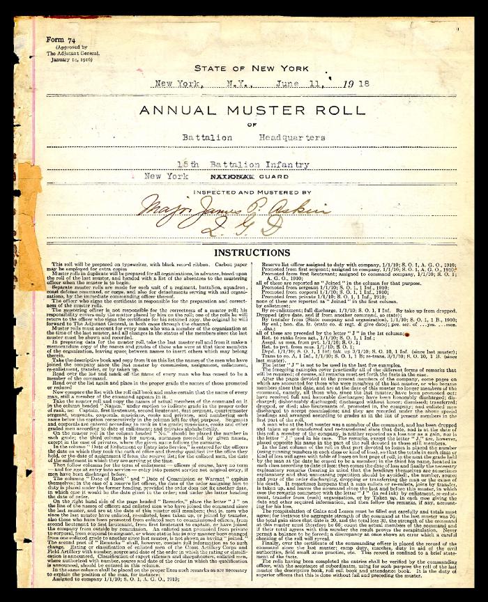 Annual muster roll of battalion headquarters, 15th Battalion Infantry