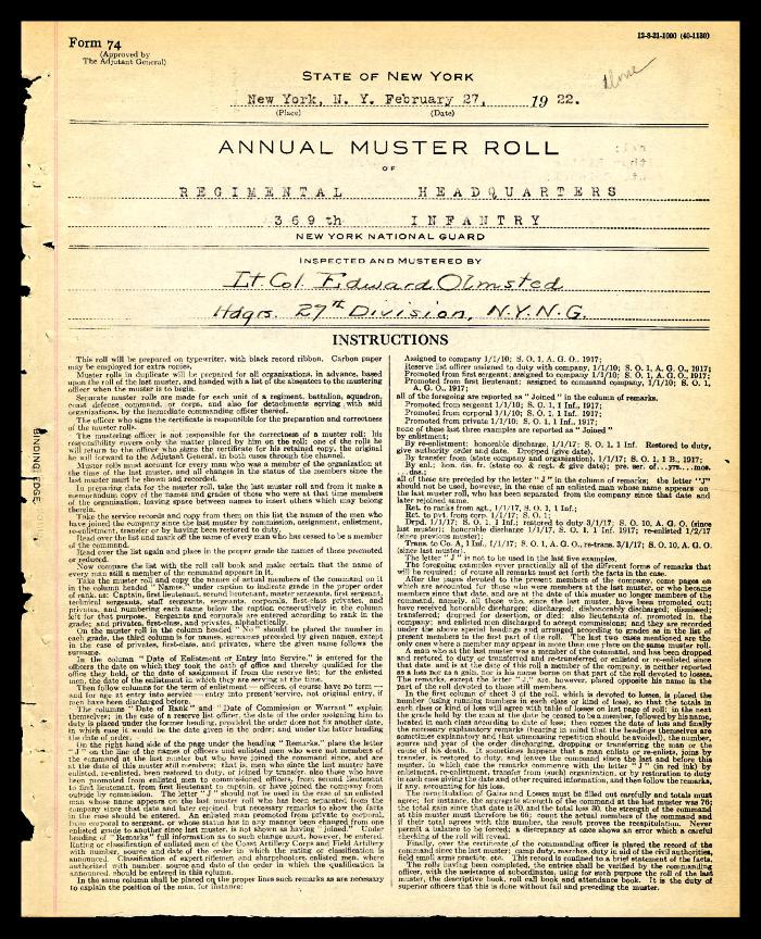 Annual muster roll of regimental headquarters, 369th Infantry