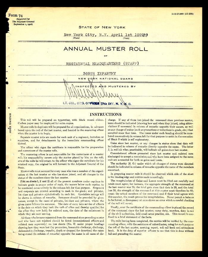 Annual muster roll of regimental headquarters staff, 369th Infantry