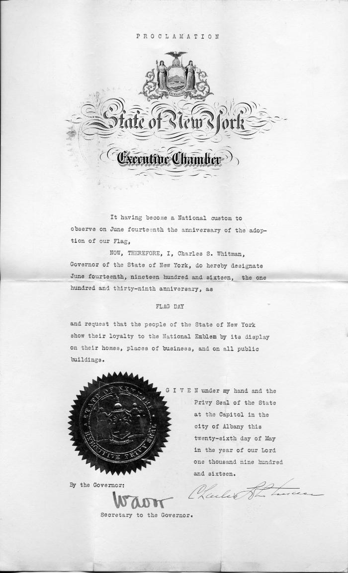 Flag Day Proclamation Signed by Governor Charles S. Whitman 