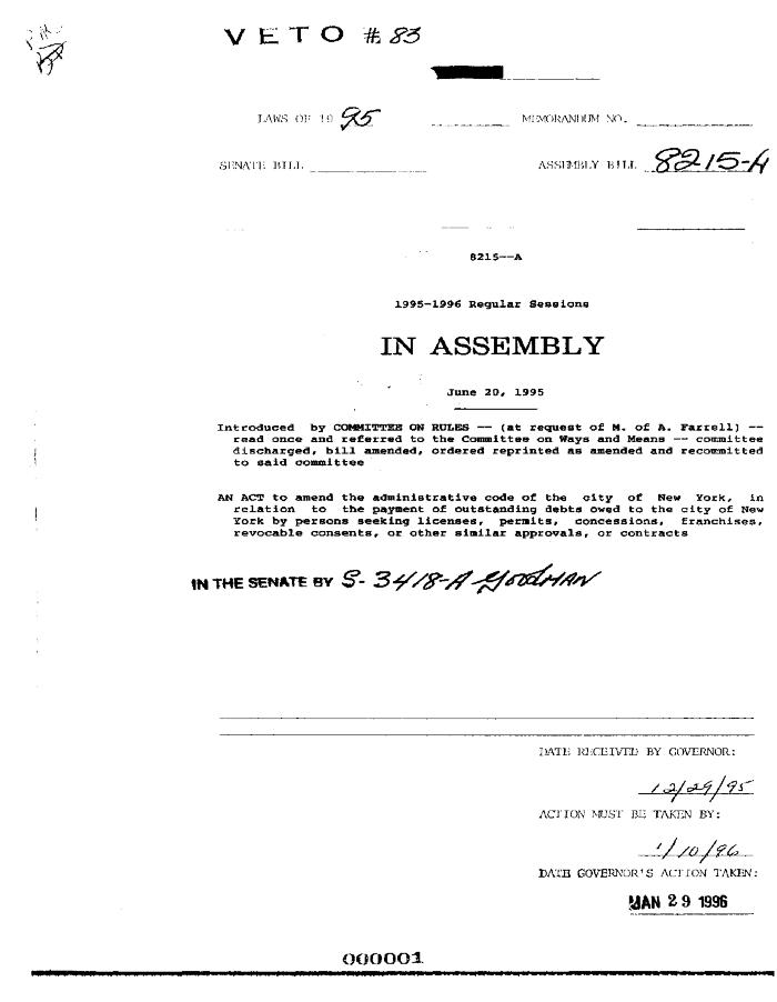 NYS Bill and Veto Jackets: 1995, Veto 83