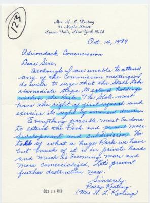 Letter from Seneca Falls resident to Adirondack Commission