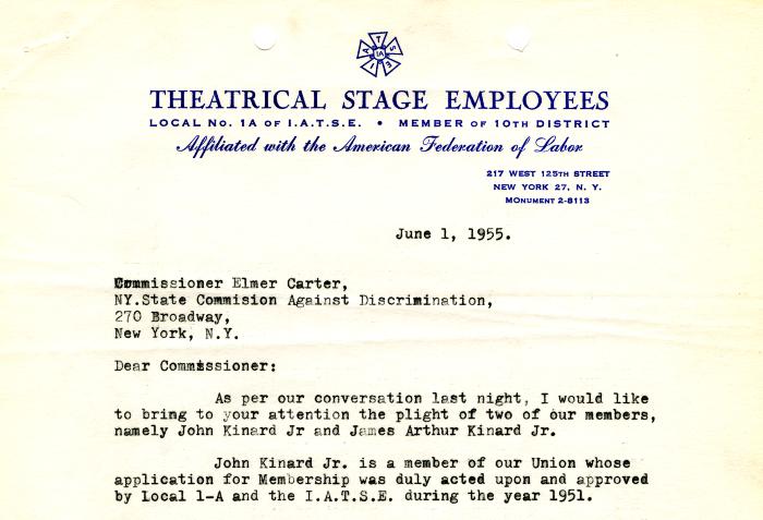 Letter, IATSE 1A to Commissioner Elmer Carter