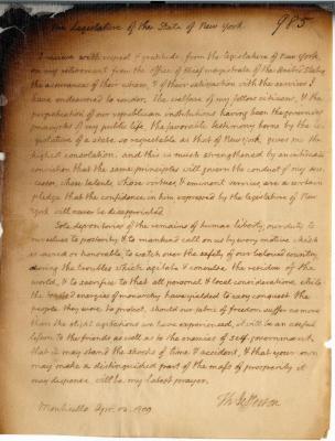 Letter from Thomas Jefferson to the NYS Legislature