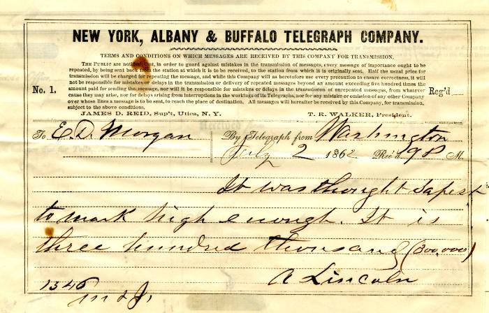 [Telegram from Abraham Lincoln to Governor Edwin D. Morgan]