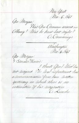 [Transcript, Telegram from Abraham Lincoln to Governor Morgan and Senator Harris]