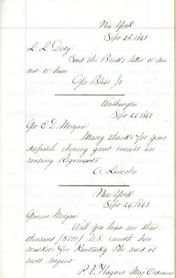 [Transcript, Telegram from Abraham Lincoln to Governor Morgan, 1861]