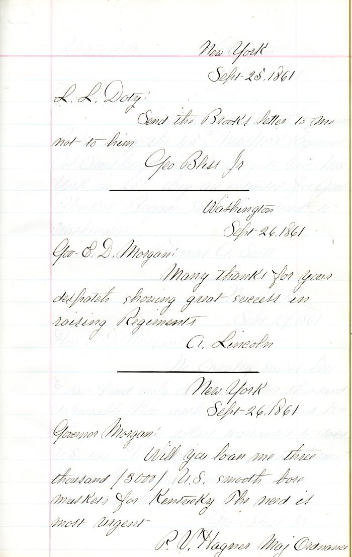 [Transcript, Telegram from Abraham Lincoln to Governor Morgan, 1861]