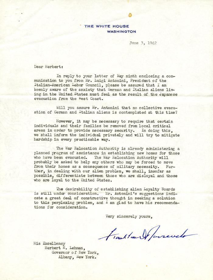Letter, President Franklin D. Roosevelt to Governor Herbert H. Lehman, 1942