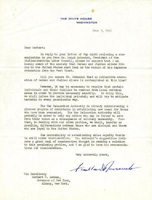 Letter, President Franklin D. Roosevelt to Governor Herbert H. Lehman, 1942