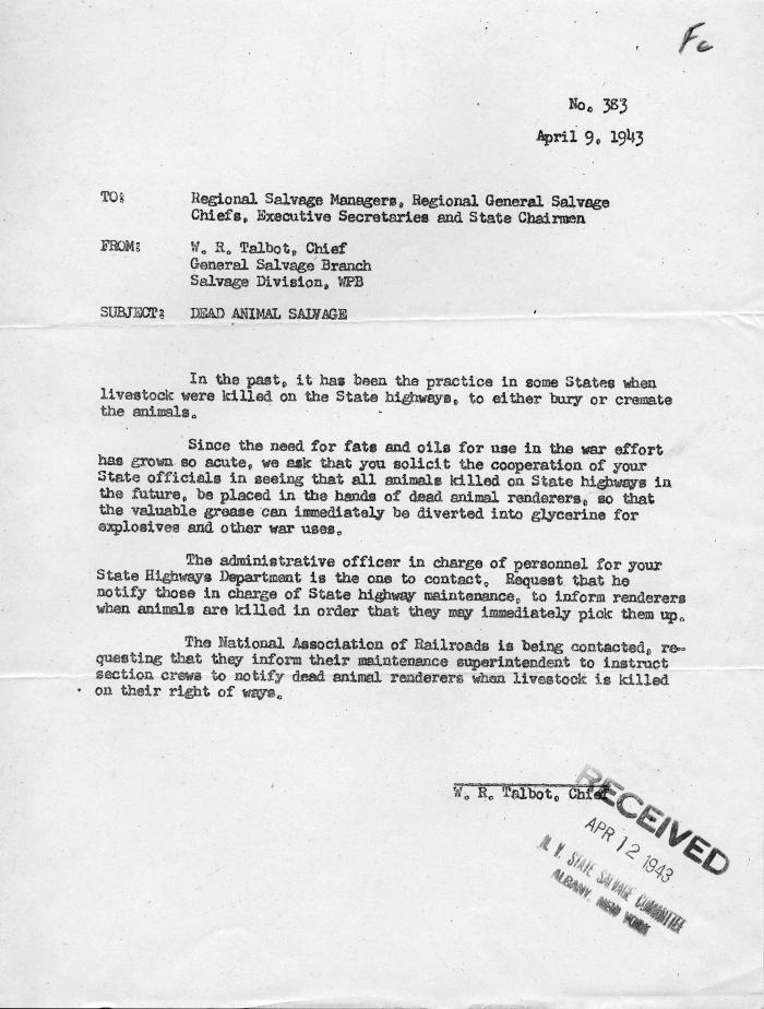 World War II - Dead Animal Salvage Letter
