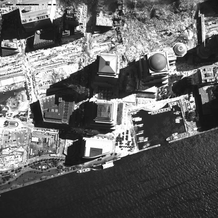 [Aerial photograph, flying across lower Manhattan, 09/15/2001]