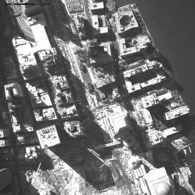 [Aerial photograph, flying southeast along west side of lower Manhattan, 10/21/2001]