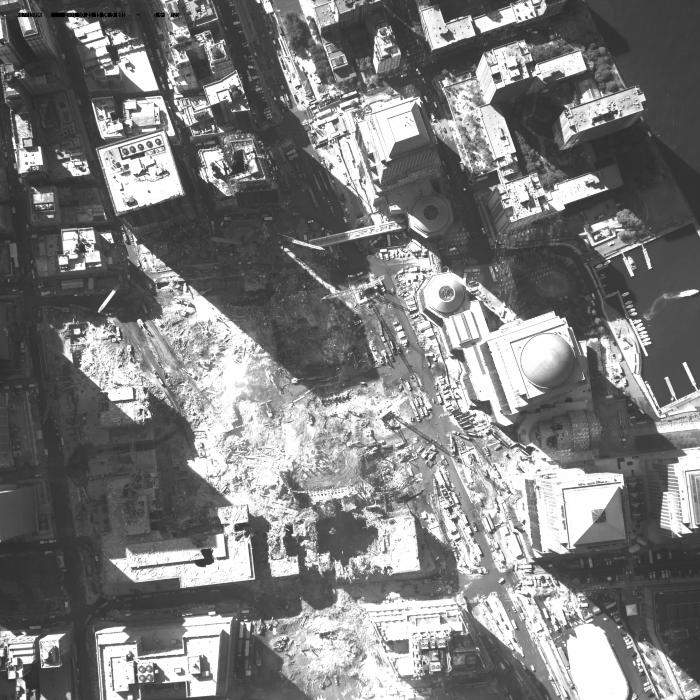 [Aerial photograph, flying southeast along west side of lower Manhattan, 10/21/2001]