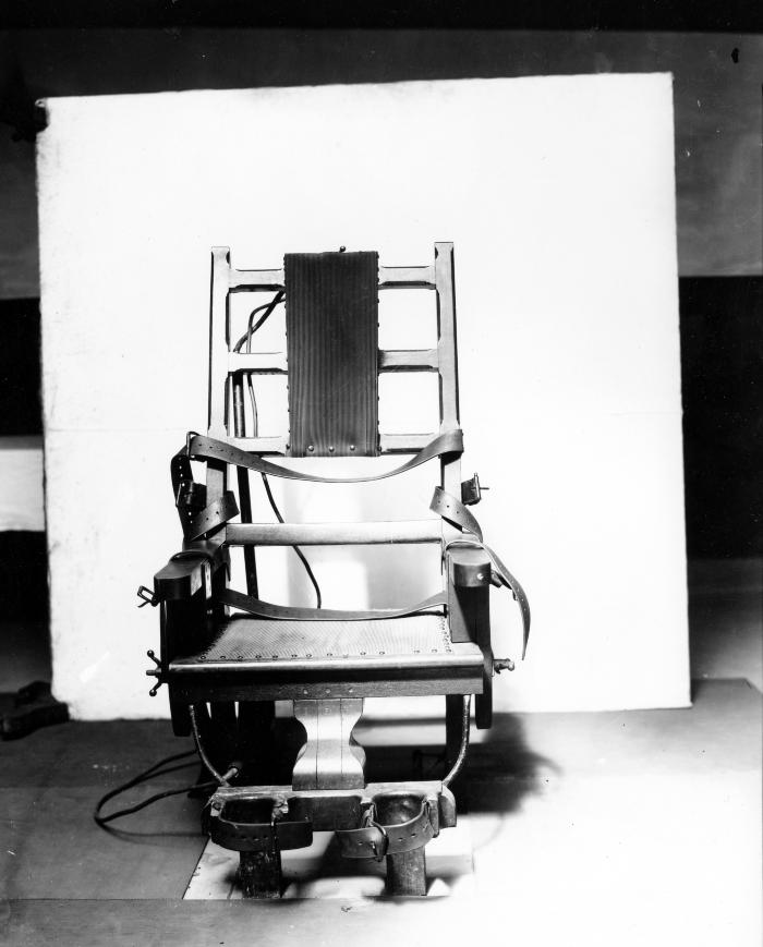 Front view of Sing Sing Prison electric chair