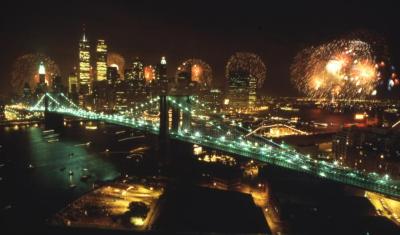 Brooklyn Bridge by night, with fireworks