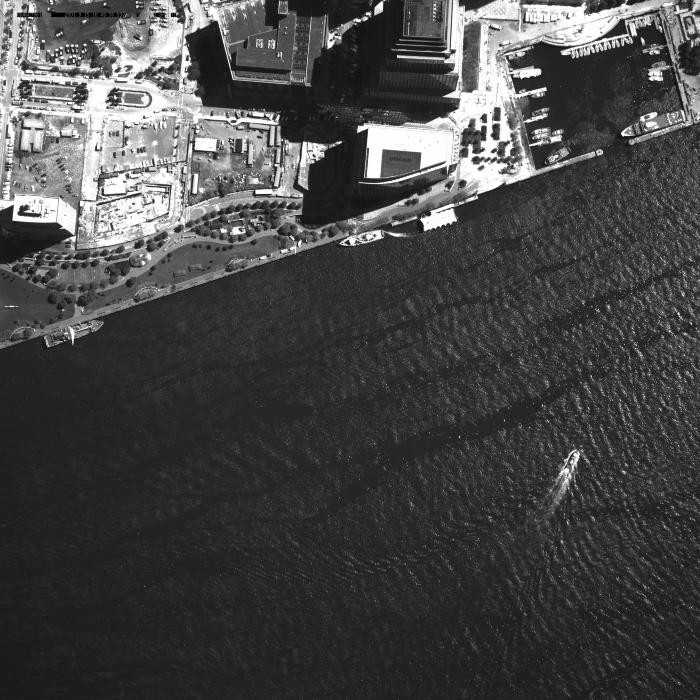 [Aerial photograph, flying across lower Manhattan, 09/15/2001]