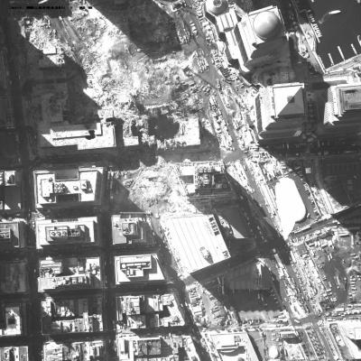 [Aerial photograph, flying southeast along west side of lower Manhattan, 10/21/2001]